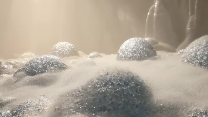 This enchanting video showcases a serene landscape of shimmering bubbles rising through a misty environment. Soft light filters through, creating a dreamlike atmosphere that invites viewers to relax a