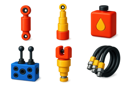 Collection of six different items, including a red and yellow wrench, a yellow