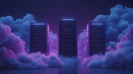 Three buildings with neon lights are shown in the sky. The buildings are purple and the sky is cloudy. Scene is mysterious and futuristic