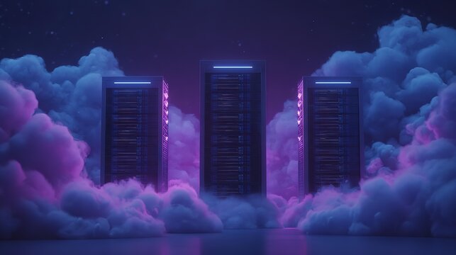 Three buildings with neon lights are shown in the sky. The buildings are purple and the sky is cloudy. Scene is mysterious and futuristic