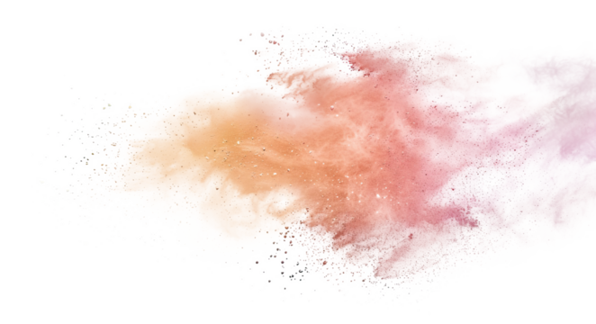 Pale pastel orange dust powder explosion effect isolated PNG cutout, transparent background. Fun, colorful, dynamic blast, celebration, party, festival graphic element