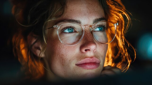 Female Developer Working Intensely on Digital Data at Night