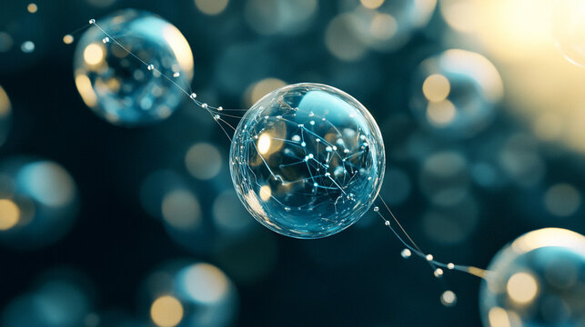 Floating spheres interconnected by glowing lines forming a dynamic network in abstract space representing connectivity, digital systems, futuristic technology, and modern scientific visualization