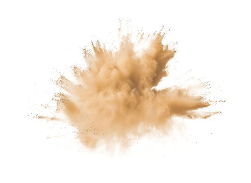 Vibrant saturated light brown sand dust powder explosion effect isolated PNG cutout, transparent background