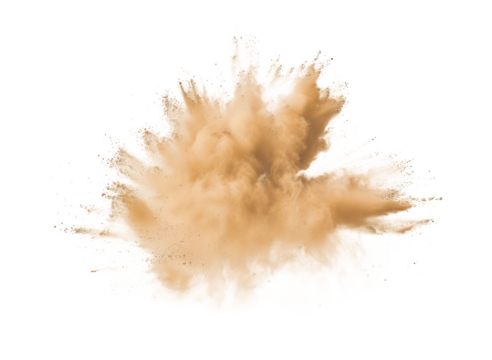 Vibrant saturated light brown sand dust powder explosion effect isolated PNG cutout, transparent background