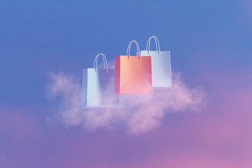 Bags float in a colorful sky, showing financial minimalism