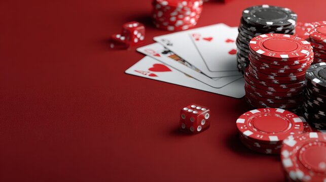 A casino scene with cards, playing chips and dice on the red table for gambling games.