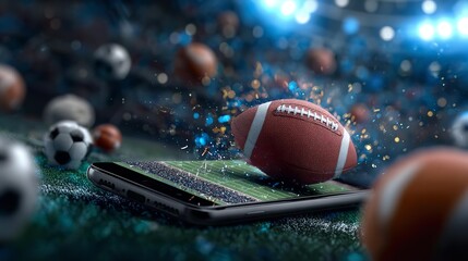 A smartphone with a rugby ball on it and with a variety of balls on the sport field . Balls for football, rugby and basketball. A phone screen is broken with splinters in the air.