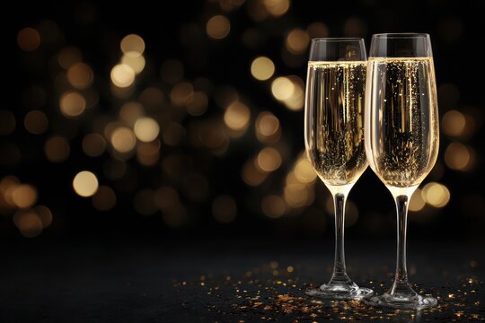 Elegant Champagne Flutes with Golden Bokeh on Black Surface