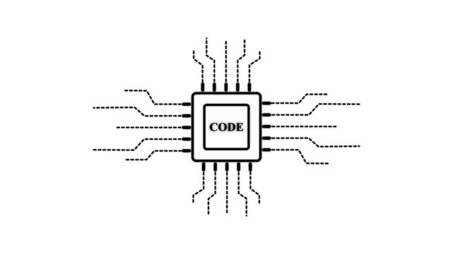 Technology multicolor CODE circuit board background. Computer motherboard with cpu icon , CODE text and circuit lines icon animation, on a white background