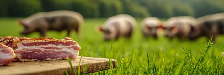 A few pieces of meat are on a wooden cutting board in front of a field of grass. The main focus in the front of the image is pork meat.