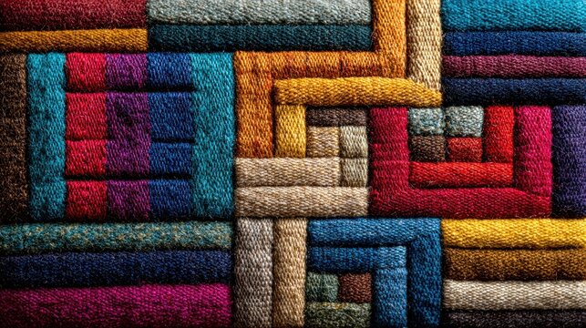 A vibrant tapestry showcases detailed patterns in red, blue, yellow, and green, highlighting skilled craftsmanship