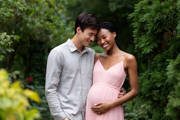 Interracial couple embraces in garden while expecting a baby