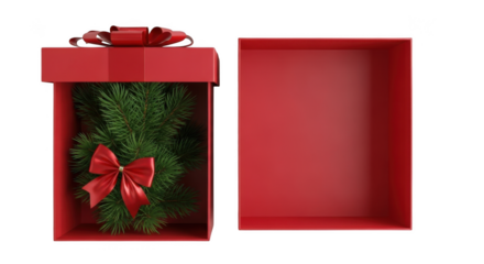 Red gift box open with green leaves isolated on transparent background