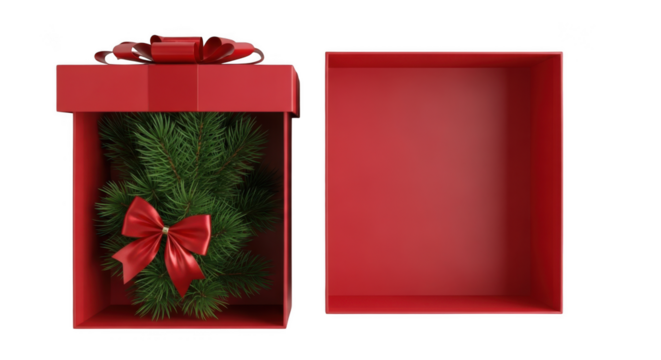 Red gift box open with green leaves isolated on transparent background