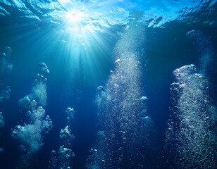 sunlight and rising bubbles in deep blue sea water light rays underwater