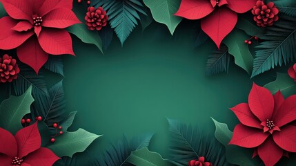 Christmas red poinsettia flower paper cut style pattern with copy space on a green background