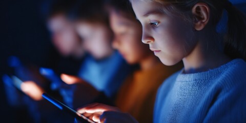 Children focused on tablets in a dimly lit room at night