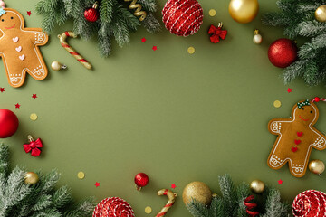 Christmas background. Border with lush pine branches, sweet gingerbread man figures, sparkling red...