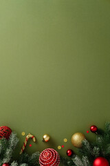 Elegant bottom border of Christmas decorations: snowy fir branches, glittery baubles, a candy cane,...