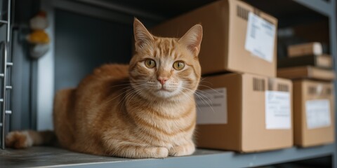 Orange tabby cat relaxing on a shelf among cardboard boxes