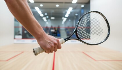 A squash player prepares to swing to capture dynamic movement in fast-paced indoor sports. The scene portrays competitive energy and modern athletic environments