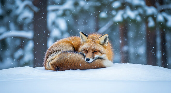 red fox sleeping in a snow bag