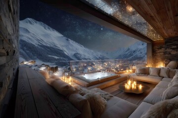 Luxury mountain resort balcony with hot tub and starry winter view