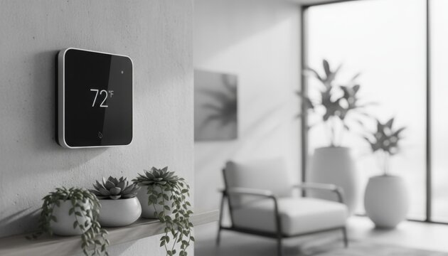 Modern home interior featuring sleek smart thermostat displaying temperature in calm minimalist setting. Scene reflects comfort, automation and contemporary living - Powered by Adobe