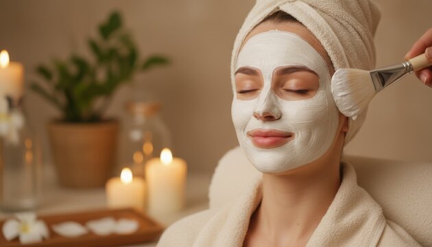 A woman enjoys a relaxing spa treatment with a facial mask in a candlelit room This scene highlights the trend of wellness rituals and self care moments