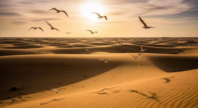 flock of white birds soaring above desert dunes, golden light, wide horizon