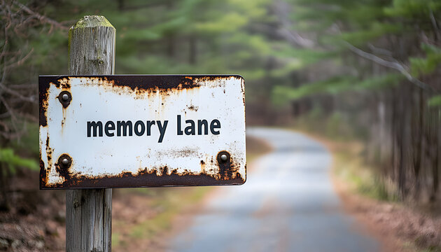 Sign shows memory lane writing on wooden post. Concept of nostalgia and reminiscence. Road curves far away. Time concept