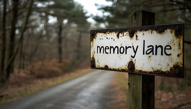 Sign shows memory lane writing on wooden post. Concept of nostalgia and reminiscence. Road curves far away. Time concept