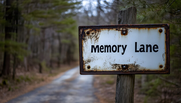Sign shows memory lane writing on wooden post. Concept of nostalgia and reminiscence. Road curves far away. Time concept