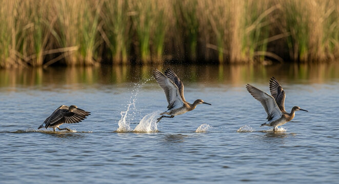 wetland scene with migratory birds taking off from water, dynamic splash effect