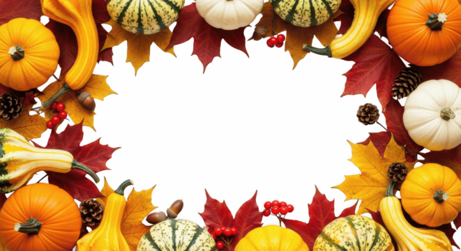Autumn Fall Border Frame with Pumpkins Gourds and Maple Leaves PNG, autumn frame, fall frame, pumpkin border, gourd border, maple leaves border, autumn decoration - Powered by Adobe