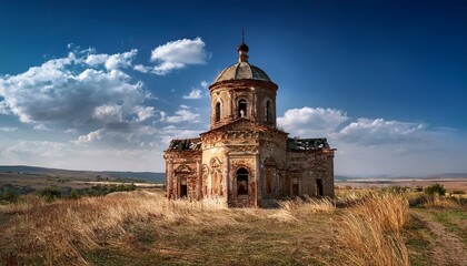 desolate church of ages under azure skies