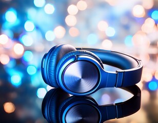 blue headphones placed on a reflective surface with bokeh background