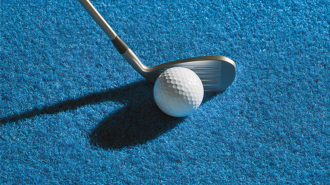 Close-up of Golf ball, golf club head on bright blue artificial grass