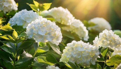 delicate white hydrangeas bathed in sunlight