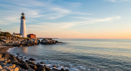 Picturesque coastal scene featuring a historic lighthouse at sunrise