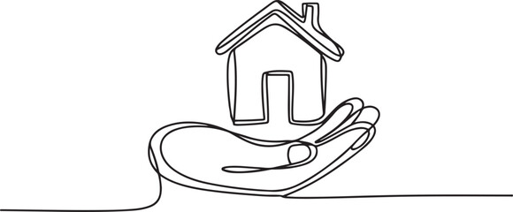 One line drawing of Hand holding a small house. Representing shelter and family. one line Icon drawing with white background