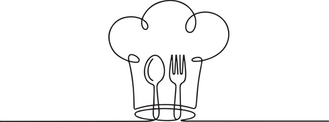 Continuous Line Drawing Chef Hat Spoon Fork Emblem. one line Icon drawing with white background