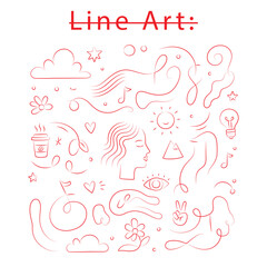 Abstract Hand-Drawn Doodle Line Art Set with Nature and Concept Elements. Everyday objects, coffee cup, light bulb. Ideal for use in branding, web design, social media graphics, educational materials.