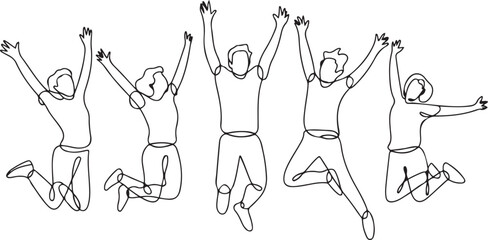 Continuous Hand Drawn Sketch of People Jumping with Joy. one line Icon drawing with white background