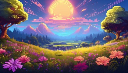 pixel art flower blossoms glows in a digital grass scene landscape