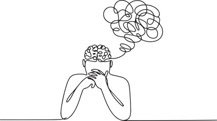 Continuous Line Drawing Person Complicated Brain. Overthinking Mental Overload Stress Vector Art. one line Icon drawing with white background
