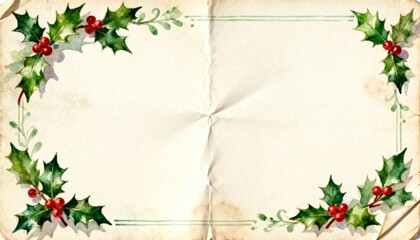 Vintage Christmas background with watercolor holly border. Old folded paper texture for a holiday greeting card. Festive illustration with copy space