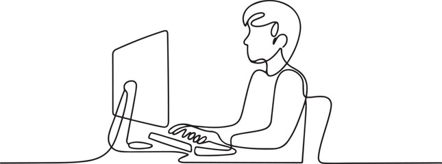 One Line Drawing of a Student Studying at a Computer Desk. one line Icon drawing with white background