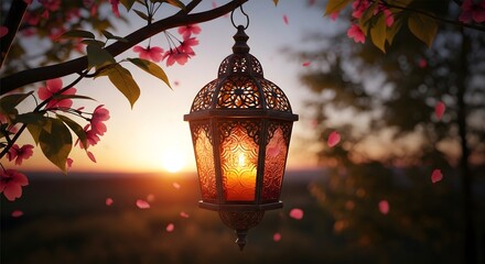 Ornate Lantern Hanging from Cherry Blossom Branch at Sunset